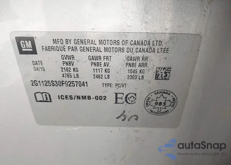 2015 Chevrolet Impala 2Lt z USA, uszkodzony, nr VIN 2G1125S30F9257041